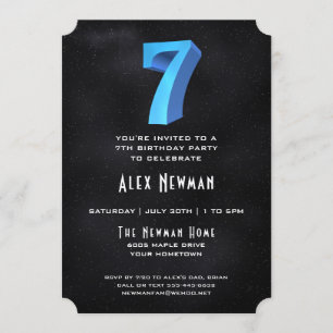 Cool 3D on Black 7th Birthday Party Invitation