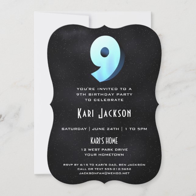 Cool 3D on Black 9th Birthday Party Invitation (Front)