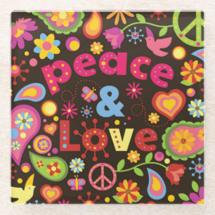 Cool 60s Style Peace & Love Glass Coaster