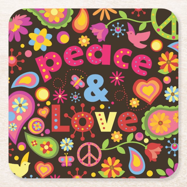 Cool 60s Style Peace & Love Square Paper Coaster (Front)