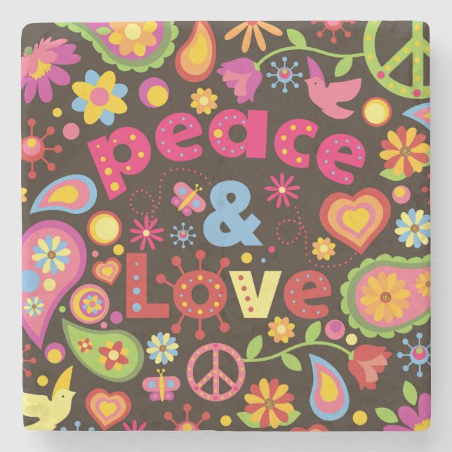 Cool 60s Style Peace & Love Stone Coaster (Front)