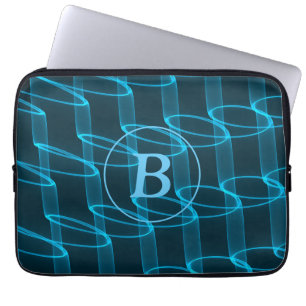 Cool Abstract Blue Neon Waves Monogram Laptop Sleeve