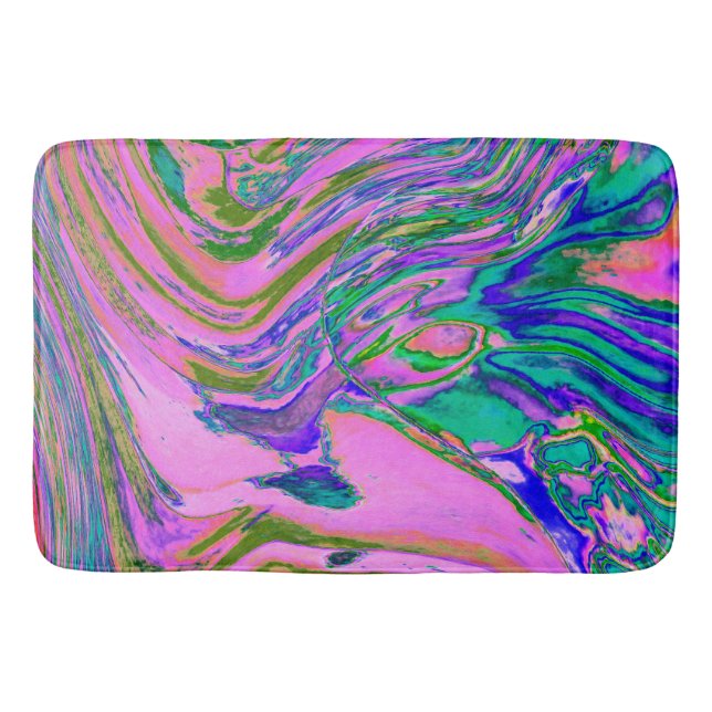Cool Abstract Chartreuse and Hot Pink Groovy Retro Bath Mat (Front)
