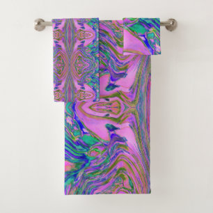 Cool Abstract Chartreuse and Hot Pink Groovy Retro Bath Towel Set