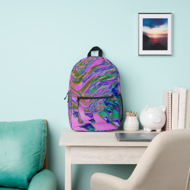 Cool Abstract Chartreuse and Hot Pink Groovy Retro Printed Backpack (Insitu)