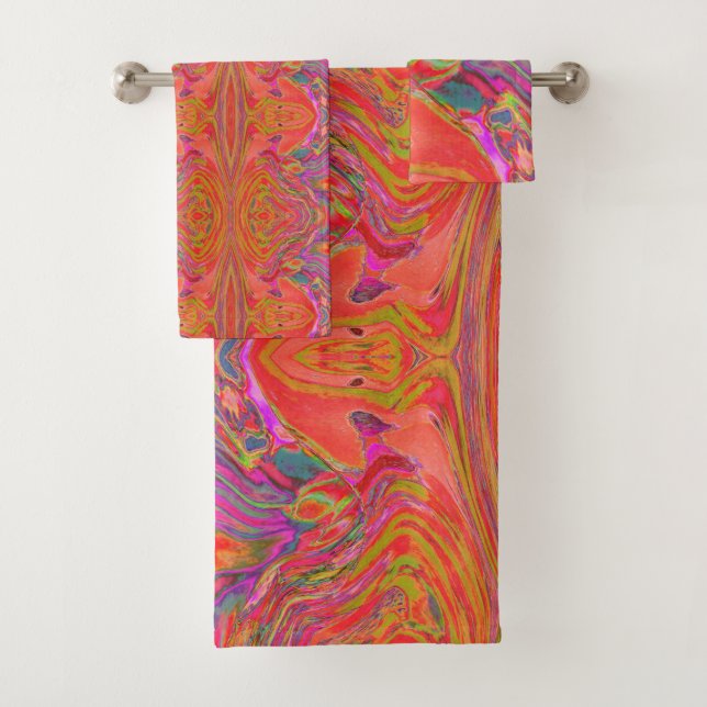 Cool Abstract Chartreuse and Red Groovy Retro Bath Towel Set (Insitu)