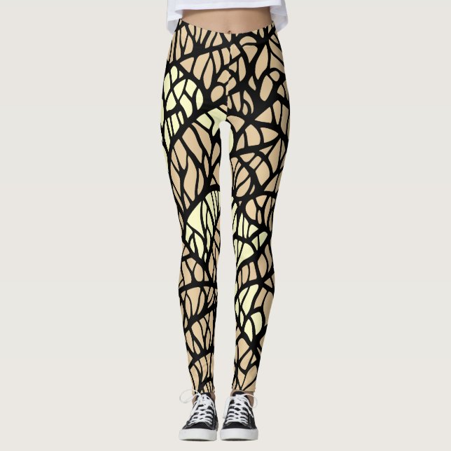 Cool Abstract Geometric Beige Black Lines Pattern  Leggings (Front)