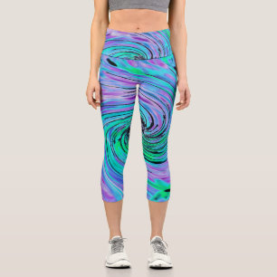 Cool Abstract Lime Green and Purple Floral Swirl Capri Leggings