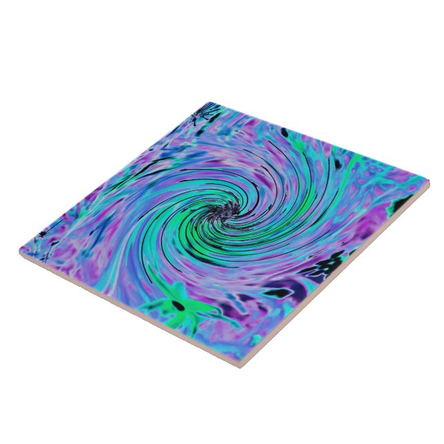 Cool Abstract Lime Green and Purple Floral Swirl Ceramic Tile (Side)