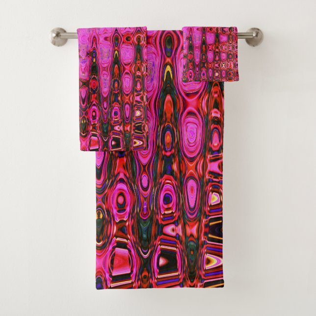 Cool Abstract Pink and Black Atomic Retro Zigzags Bath Towel Set (Insitu)