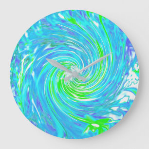 Cool Abstract Retro Aqua and Lime Green Swirl Large Clock