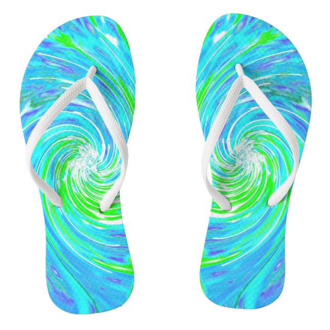 Cool Abstract Retro Aqua and Lime Green Swirl Thongs (Footbed)