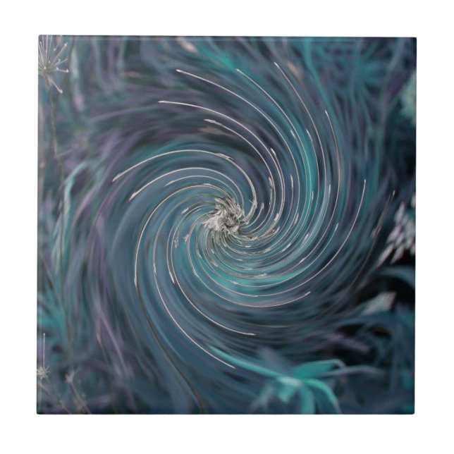 Cool Abstract Retro Black and Teal Cosmic Swirl Ceramic Tile (Front)