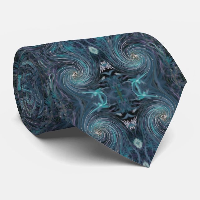 Cool Abstract Retro Black and Teal Cosmic Swirl Tie (Rolled)