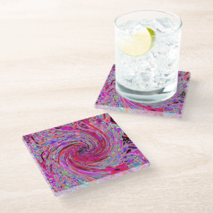 Cool Abstract Retro Hot Pink and Red Floral Swirl Glass Coaster