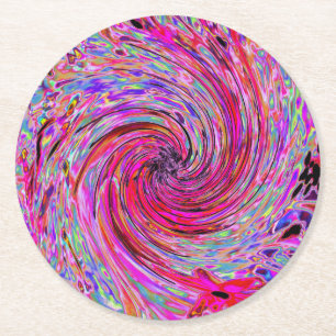Cool Abstract Retro Hot Pink and Red Floral Swirl Round Paper Coaster