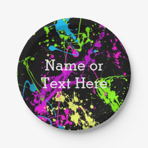 Cool Abstract Retro Rainbow Paint Splatter Black Paper Plate