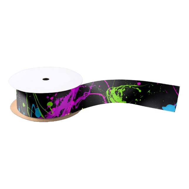 Cool Abstract Retro Rainbow Paint Splatter Black Satin Ribbon (Spool)