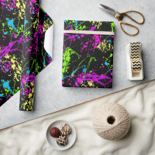 Cool Abstract Retro Rainbow Paint Splatter Black Wrapping Paper