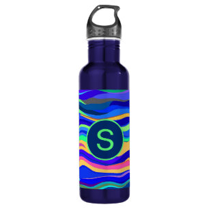 Cool Abstract Wavy Stripes Blue Monogrammed 710 Ml Water Bottle