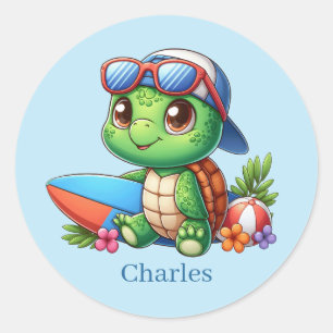 Cool add name surfing sea turtle  classic round sticker