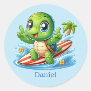 Cool add name surfing sea turtle  classic round sticker