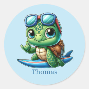 Cool add name surfing sea turtle  classic round sticker