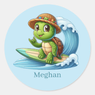 Cool add name surfing sea turtle classic round sticker
