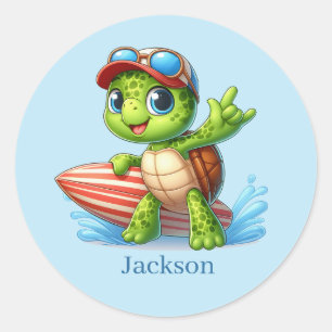 Cool add name surfing sea turtle  classic round sticker