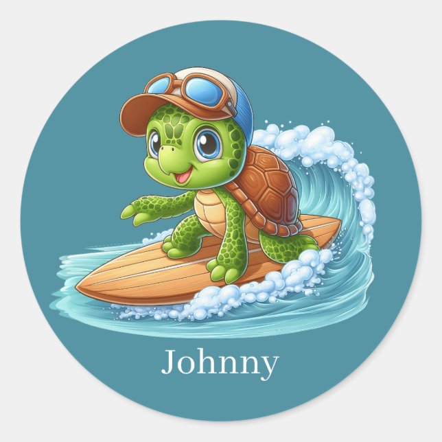 Cool add name surfing sea turtle  classic round sticker (Front)