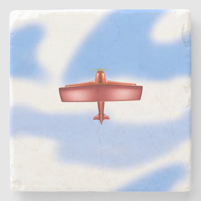 Cool Adventurous Red Biplane in Fun Stone Coaster (Front)