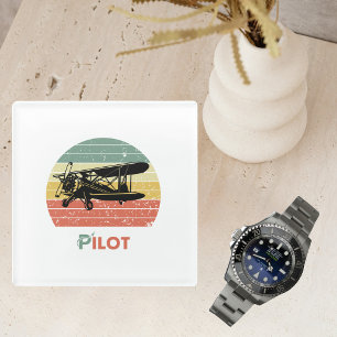 Cool Aeroplane, Vintage Retro Sunset & Pilot text Glass Coaster