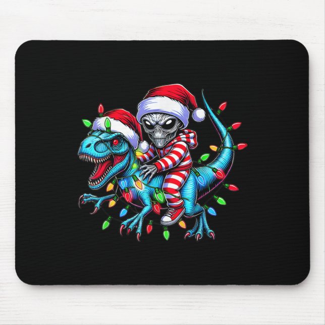 Cool Alien Riding T-rex Dinosaur Christmas Family  Mouse Pad (Front)