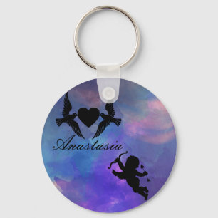 Cool, Amazing, purple birds whit heart and cupid  Key Ring