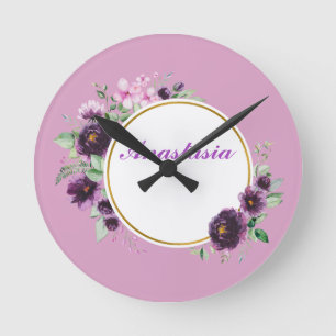 Cool, Amazing, Purple Flowers whit your name Round Clock