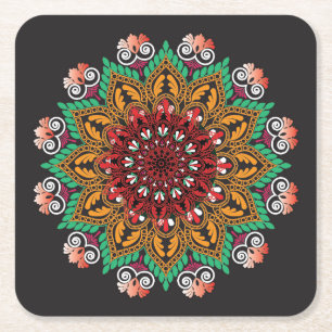 Cool and Colourful Floral Mandala Pattern Square Paper Coaster