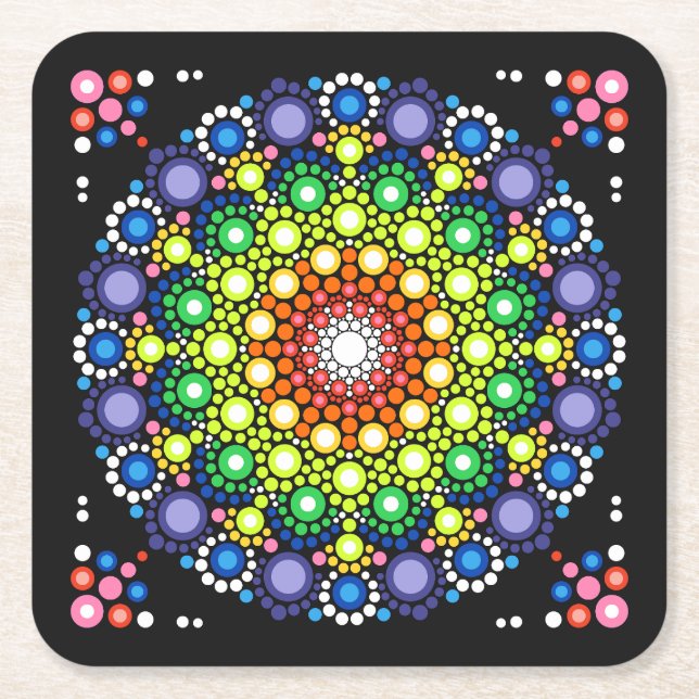 Cool and Colourful Floral Mandala Pattern Square Paper Coaster (Front)