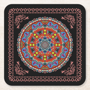 Cool and Colourful Framed Mandala Pattern Square Paper Coaster