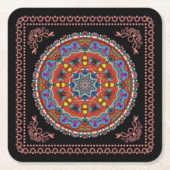 Cool and Colourful Framed Mandala Pattern Square Paper Coaster (Front)