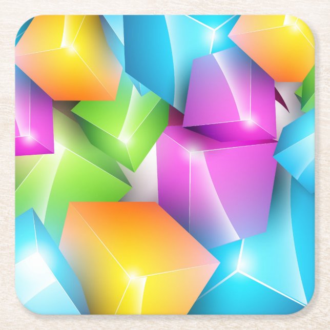 Cool and Colourful Group of 3-D Cubes Square Paper Coaster (Front)