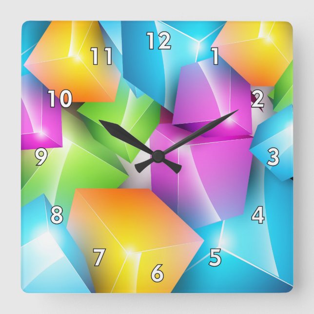 Cool and Colourful Group of 3-D Cubes Square Wall Clock (Front)