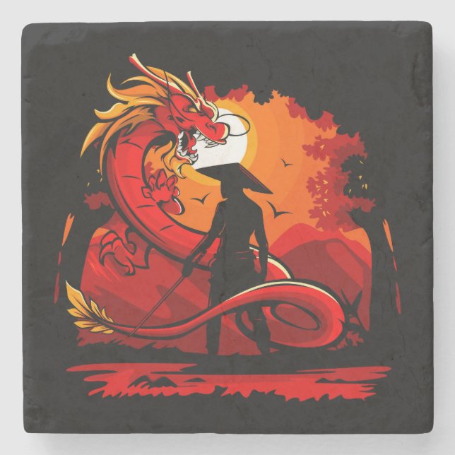 Cool and Colourful Samurai Warrior with Dragon Stone Coaster (Front)
