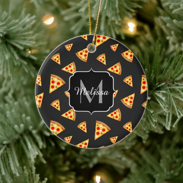 Cool and fun pizza slices pattern Monogram Ceramic Ornament (Tree)