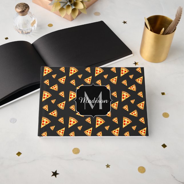 Cool and fun pizza slices pattern Monogram Guest Book (Front Open)