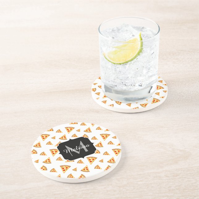 Cool and fun pizza slices pattern Monogram white Coaster (Side)