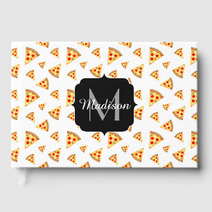 Cool and fun pizza slices pattern Monogram white Guest Book