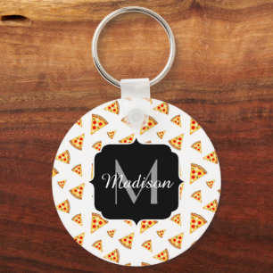 Cool and fun pizza slices pattern Monogram white Key Ring