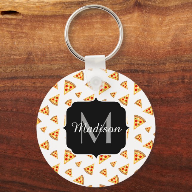 Cool and fun pizza slices pattern Monogram white Key Ring (Front)