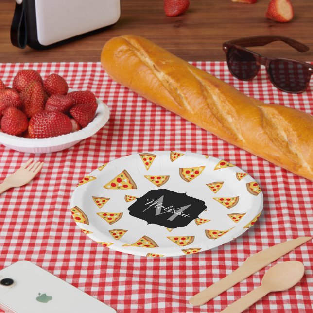 Cool and fun pizza slices pattern Monogram white Paper Plate (Picnic)