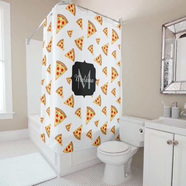 Cool and fun pizza slices pattern Monogram white Shower Curtain (In Situ)
